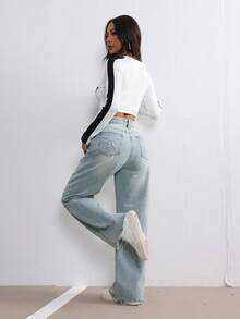 Quần Jeans Nữ Mùa Thu Có Nơ Thêu Thiết Kế Sense Wash Xanh Thường Ngày Ống Thẳng Rộng Rách - Rửa nhẹ - Xem 7