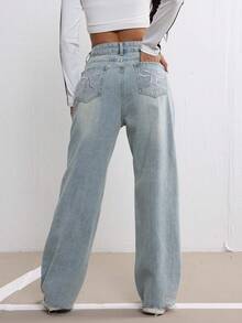 Quần Jeans Nữ Mùa Thu Có Nơ Thêu Thiết Kế Sense Wash Xanh Thường Ngày Ống Thẳng Rộng Rách - Rửa nhẹ - Xem 5