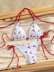 Nuevo conjunto de traje de baño sexy con estampa de cereza para mujeres, para verano y vacaciones en la playa