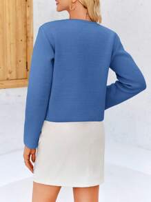 Womens Button Down Cropped Cardigan Sweaters Cute Bow Long Sleeve Crew Neck Knit Sweater Jacket Coat - Blue - View 3