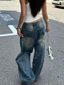 Vintage Blue Washed Straight-Leg Jeans For Women, American Design Loose Casual Wide-Leg Dragging Long Pants - Blue - View 3