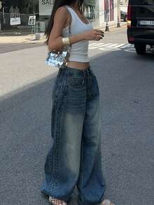 Vintage Blue Washed Straight-Leg Jeans For Women, American Design Loose Casual Wide-Leg Dragging Long Pants - Blue - View 7
