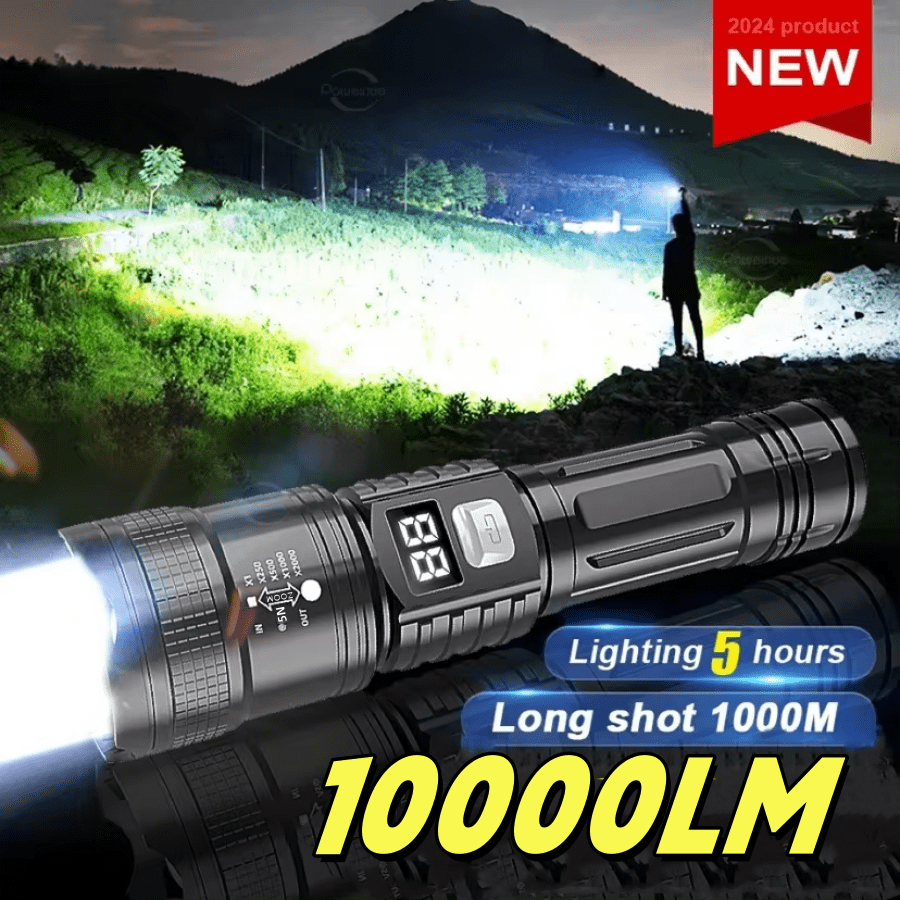 Puissante lampe de poche LED ultra longue portée de 30 W, type de lanterne de camping rechargeable par USB-C, zoom tactique rétractable, haute puissance avec affichage numérique, éclairage blanc puissant, projecteur