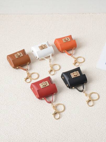 纯色 PU 迷你学生手提包模型方形锁扣袋零钱包迷你耳机收纳袋便携式钥匙扣吊坠包挂件手机肩带配件