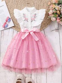 少女无袖翻领刺绣网眼A字裙，配腰带 - 粉色 - 查看 1