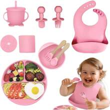 Platos Para Bebe Silicon, Juego de vajilla para bebé de 10 piezas, plato con ventosa, bowl, cubiertos, taza de silicona suave, baberos, cuchara y tenedor, Set de vajilla para madre e hijos, artículos de bebé - Rosa - Ver 1