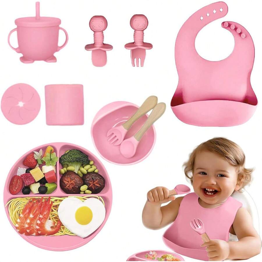 Platos Para Bebe Silicon, Juego de vajilla para bebé de 10 piezas, plato con ventosa, bowl, cubiertos, taza de silicona suave, baberos, cuchara y tenedor, Set de vajilla para madre e hijos, artículos de bebé - Rosa - Ver 1