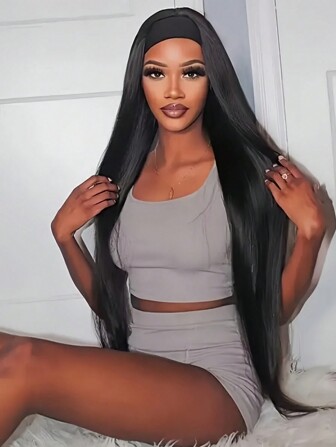 32 tums superlångt pannband peruk Syntetisk rak peruk Natursvart färg rak peruk med pannband Lång värmebeständig fiber rak peruk med pannband För kvinnor Vardagsliv Användning Festkläder