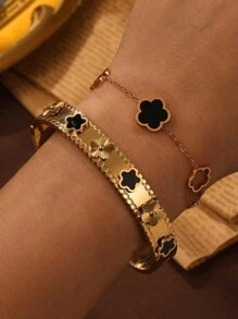 1 pieza Pulsera brazalete con baño de oro de 18K de acero inoxidable en forma de trébol, conjunto de joyas de moda impermeables adecuadas para uso diario, regalo