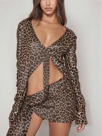 Sexy Leopard Print Two-Piece Beach Cover Up Set - Long Sleeve Top & Shorts, For Summer Vacation