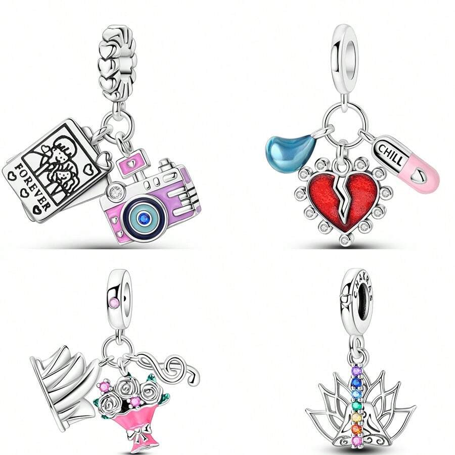 925 Silver Plated Cartoon Animal Charm Accent Beaded Pendant, Suitable For Original DIY Bracelet, Fashionable Jewelry Gift For Women - Silver - View 1