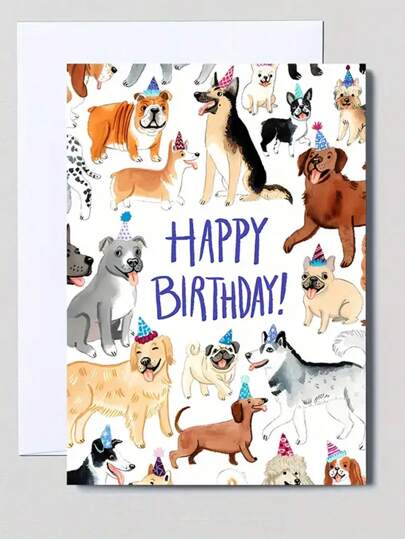 1 件可爱狗狗图案生日贺卡，适合爱狗人士，适合家人、伴侣、朋友和同事（附带随机款式、彩色信封）、返校、学校用品