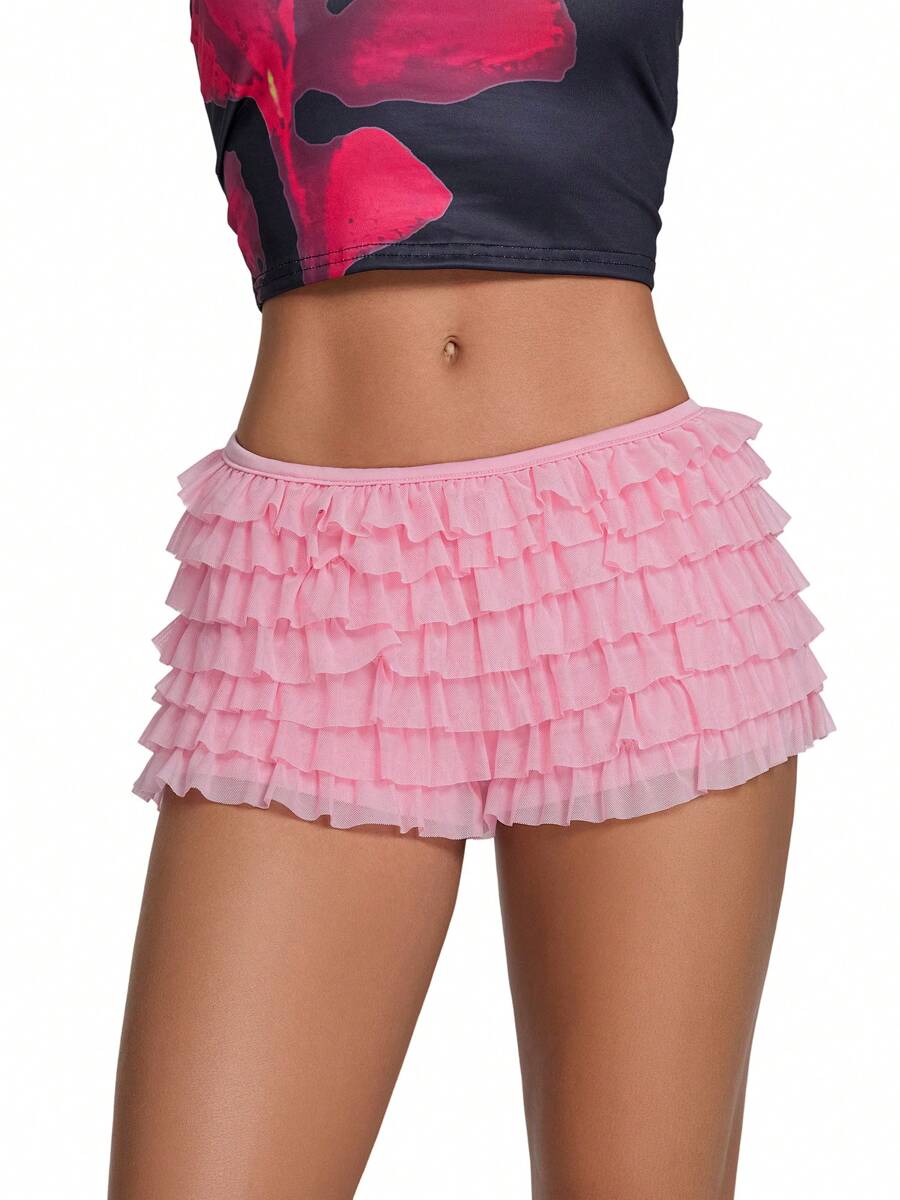 Women Boy Shorts Panties Solid Color Breathable Ruffles Underwear Elastic Boxer Briefs With Bow - Pink - View 1