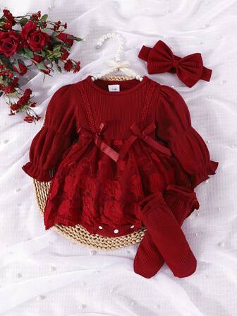 1 set Elegante y lujoso enterizo de manga larga con malla de contraste + diadema + calcetines para bebé niña, para otoño/invierno