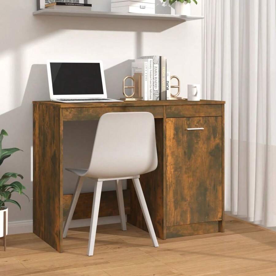 Engineered Wood Desk In Smoked Oak Finish 100x76 Cm Stylish And Durable Workspace Furniture - Brown - View 1