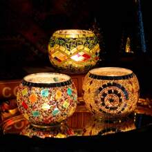 3 Pieces Handmade Mosaic Candle Holder Set - Unique Star And Moon Design Tea Light Holder, Tabletop Decorative Candle Holder, Suitable For Wedding Anniversary, Birthday, Party Decoration And Romantic Dinner - Stained Glass Decoration, Handmade Pen Holder, Potted Bowl, Glass Small Candle Holder, Suitable For Home, Restaurant, Bar And Holiday Celebrations Gifts Graduation