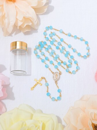 KOMI 1pc Multi-Color Handmade Beaded Prayer Bead Necklace With Crystal Rhinestone , Virgin Mary Cross Pendant Gift