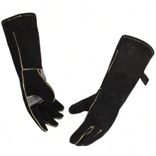 1 Pair Black Extreme Heat & Fire Resistant Gloves Leather With Stitching,Mitts Perfect For Fireplace, Stove, Oven, Grill, Welding, BBQ, Mig, Pot Holder, Animal Handling