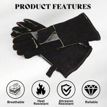 1 Pair Black Extreme Heat & Fire Resistant Gloves Leather With Stitching,Mitts Perfect For Fireplace, Stove, Oven, Grill, Welding, BBQ, Mig, Pot Holder, Animal Handling