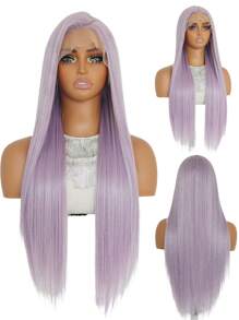 SALLYWELL 24英寸紫色蕾丝前假发，长直合成蕾丝前假发，无需胶水，自然预拔发际线