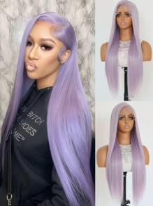 SALLYWELL 24英寸紫色蕾丝前假发，长直合成蕾丝前假发，无需胶水，自然预拔发际线