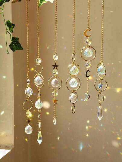 1pc/6pcs Bohemian Style Sun-Catching Pendant - Crystal Prism Rainbow Maker, Handmade Metal Chain Celestial Star Moon Ornaments, Suitable For Window, Garden Or Home Room Decoration Items, Home Decoration, Room Decoration, Wall Decoration E-I-D