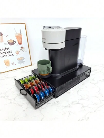 1pc Black Metal Capsule Storage Box, Vertuoline Coffee Capsule Dedicated Drawer, Fully Metal Encased