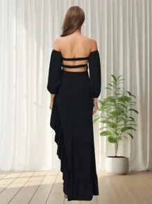 孕妇露肩灯笼袖镂空 O 形环细节不对称下摆连衣裙，适合拍摄婴儿洗礼 - 黑色 - 查看 2