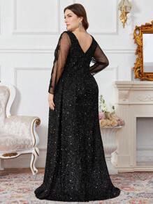 UNITHORSE Plus Size duboka V-izrezna mrežasta i šljokica patchwork haljina s proširenim rubom svečana večernja haljina, haljina za zabave, vjenčana haljina za goste, jesenska ženska odjeća - Crna - Prikaz 2