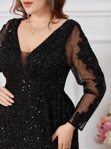 UNITHORSE Plus Size duboka V-izrezna mrežasta i šljokica patchwork haljina s proširenim rubom svečana večernja haljina, haljina za zabave, vjenčana haljina za goste, jesenska ženska odjeća - Crna - Prikaz 7