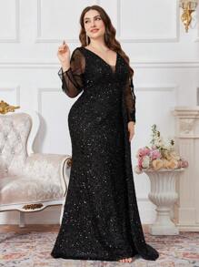 UNITHORSE Plus Size duboka V-izrezna mrežasta i šljokica patchwork haljina s proširenim rubom svečana večernja haljina, haljina za zabave, vjenčana haljina za goste, jesenska ženska odjeća - Crna - Prikaz 6
