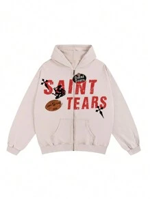 SAINT Retro Vintage Washed Design Metal Zipper Open Hoodie - Apricot - View 4