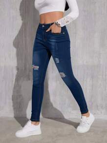 High Waisted Skinny Denim Pants With Pockets -ZANA
