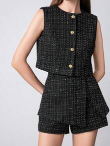 2pcs Women Solid Color Elegant Street Commute Sleeveless Top And Shorts Set - Black - View 2