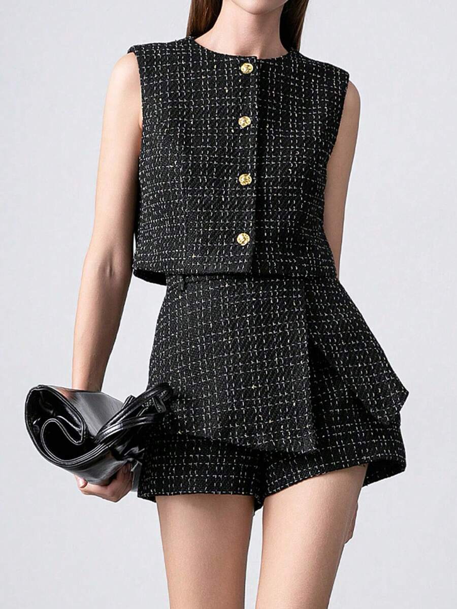 2pcs Women Solid Color Elegant Street Commute Sleeveless Top And Shorts Set - Black - View 1