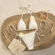 Conjunto de biquíni com amarração nas costas e decoração de flores 3D (parte superior e inferior) verão - Bege - Ver 1