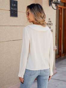 Blusa casual da donna a tinta unita con scollo a V e maniche lunghe - Albicocca - Visualizzare 2