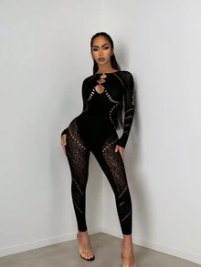 Women's Black Mesh Unitard, For Summer - Black - View 7