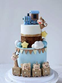 1 pièce Topper de gâteau mignon avec animal de bande dessinée, petit singe, girafe, cochon, éléphant, décoration de gâteau de bande dessinée, train coloré, décoration de gâteau avec drapeau amovible, convient pour l'anniversaire, la révélation du sexe, le baptême, décoration de gâteau, thème animal, réutilisable