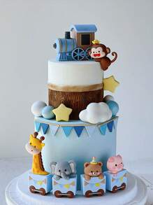 1 pièce Topper de gâteau mignon avec animal de bande dessinée, petit singe, girafe, cochon, éléphant, décoration de gâteau de bande dessinée, train coloré, décoration de gâteau avec drapeau amovible, convient pour l'anniversaire, la révélation du sexe, le baptême, décoration de gâteau, thème animal, réutilisable