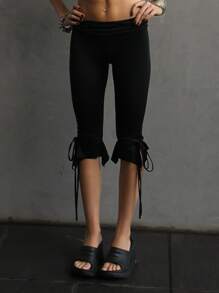 Women Capri Pants Solid Color Elastic Waist Tie-Up Summer Casual Cropped Pants Stretch Crop Leggings - màu đen - Xem 1