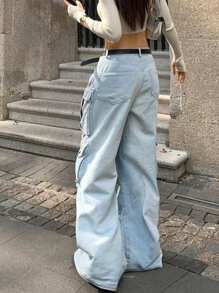 Y2K Streetwear Multi-Pocket Cotton Straight Leg Heavy Industry Cargo Jeans Loose Wide-Leg Denim Pants Music Festival