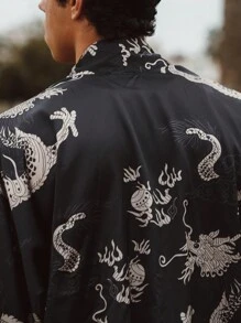 Men Street Fashion Japanese Style Feather Print Kimono , 3/4 Sleeve Unisex Couple Loose Fit Thin Casual Shirt Jacket, Summer