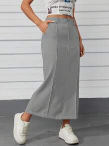 Modern High Waist Women's Maxi Skirt - Xám - Xem 1