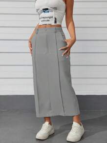 Modern High Waist Women's Maxi Skirt - Xám - Xem 6