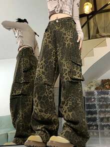 Quần ống rộng cạp cao họa tiết da báo - Quần cargo cạp chun điều chỉnh được với chi tiết khóa kim loại, hoàn hảo cho phong cách đường phố, kiểu dáng đa năng, thời trang đường phố Y2K, cực kỳ cá tính. - Nhiều màu - Xem 5