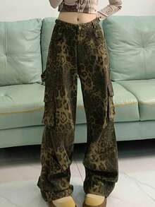 Quần ống rộng cạp cao họa tiết da báo - Quần cargo cạp chun điều chỉnh được với chi tiết khóa kim loại, hoàn hảo cho phong cách đường phố, kiểu dáng đa năng, thời trang đường phố Y2K, cực kỳ cá tính. - Nhiều màu - Xem 6