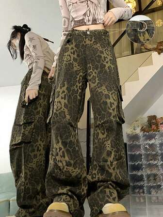 High-Waisted Leopard Print Pants - Adjustable Waist Cargo Pants With Metal Buckle Details, Perfect For Streetwear Style, Versatile Fit, Y2K Streetwear, Boldly Fashionable