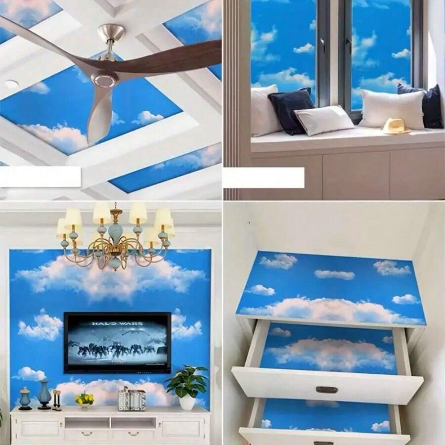 1卷自粘墙纸，带有蓝天和白云图案 PVC 17.7inX39.3/118.1/196.8/防水防污可拆卸易于安装客厅卧室宿舍天花板壁纸 DIY 家居装饰家具翻新美学贴纸礼物生日毕业房间装饰墙面装饰浴室装饰卧室装饰房间装饰物品客厅装饰房屋装饰家居装饰客厅墙纸墙贴墙贴