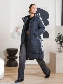 Women's Winter Solid Color Hooded Long Down Jacket, High-Quality Fashion Minimalist Elegant Design, Suitable For Daily Wear, Work, School, New Year Eve, Holiday Outerwear